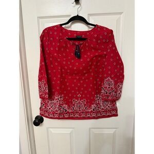 Talbots Petites Red Bandana Paisley Print Tassel Tie Top 3/4 Sleeve LP